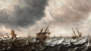 Schiffe in stürmischer See mit einem Wal im Vordergrund von Justus de Verwer