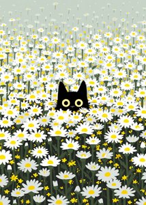 Schwarze Katze Gänseblümchenwiese von Justyna Jaszke