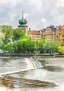 Prager Wasserturm und Fluss