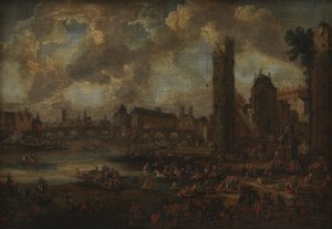Ansicht von Paris an der Seine mit vielen Figuren