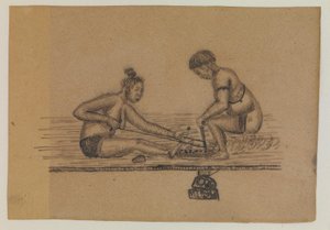 Illustration zu einer Inuit-Legende (zwei nackte Personen machen Feuer)