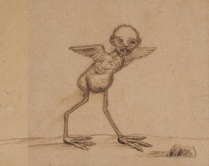 Motiv aus einer ostgrönländischen Sage (Ein Vogelwesen mit Kinderkopf. Einer der beiden Familientupilaks der Familie Andreassen)