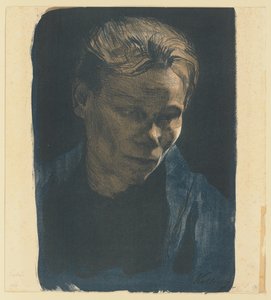 Halbporträt einer Arbeiterfrau mit blauem Schal