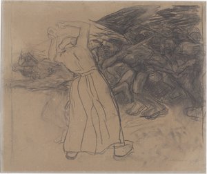 Stehende Volksfrau ermutigt vorrückende Gruppe Männer von Käthe Kollwitz