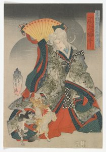Erinnerungen an die östliche Hauptstadt an den dreiundfünfzig Stationen des Tokaido: Der Schauspieler Onoe Baiko III als Katzenspiritus des alten Tempels