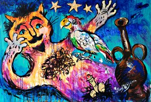 Surrealistische Katze und Papagei