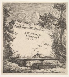 Frontispiz mit gestufter Fontäne, eine Steinmauer mit Wasserspeier, der Wasser in ein Rec..., 1652 von Karel Du Jardin