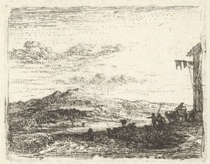 Landschaft mit Gebäudeecke und Markise ganz rechts, zwei Figuren und ein Pferd, ca. 1641-78 von Karel Du Jardin