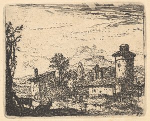 Landschaft mit zwei gehörnten Ziegen im Schatten im Vordergrund, Dorfgebäude dahinter
