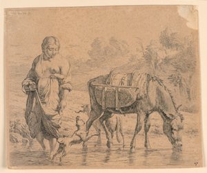 Die Landfrau und der Saumpferd beim Überqueren eines Baches