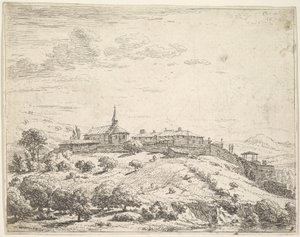 Umfriedetes Dorf auf einem Hügel, mit Kirche links und Gebäuden am Abhang gebaut, 1658