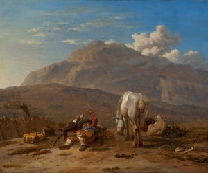 Italienische Landschaft mit einem jungen Hirten, der mit seinem Hund spielt von Karel Dujardin