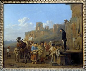 Die italienischen Charlatane, Wanderhändler, die Drogen auf öffentlichen Plätzen verkauften. Gemälde von Karel Dujardin (1621-1678) 1657