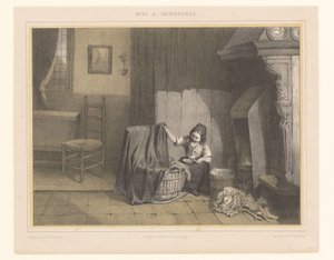 Interieur mit einem Mädchen bei der Wiege Frühe Sorgen