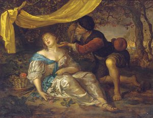Ein Hirte kniet über einer Dame, die unter einem Baldachin in einer bewaldeten Landschaft schläft von Karel de Moor