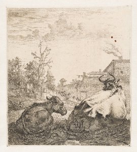 Liegende Kuh mit Kalb von Karel du Jardin (signed by artist)