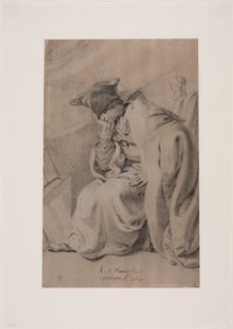 Nachdenklich sitzender junger Mann mit der Hand unter der Wange. Umhang und Pelzmütze
