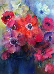 Caen-Anemonen in einem blauen Krug von Karen Armitage