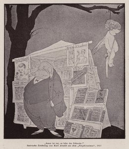 Amor hängt von einem Baum über einem Straßenkiosk, der Pornografie verkauft von Karl Arnold