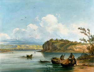 Mandan-Indianerinnen überqueren den Missouri River auf Booten aus Büffelhaut, Indianische Zivilisation, Vereinigte Staaten