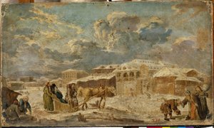 Stadtplatz im Winter (Sankt Petersburg). Stadtlandschaft mit Gebäuden und Holzhäusern - Gemälde von Karl Friedrich Knappe (1745-1808)