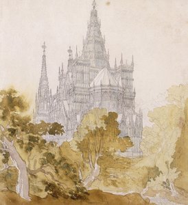 Eine gotische Kathedrale hinter Bäumen, 1814-15 von Karl Friedrich Schinkel