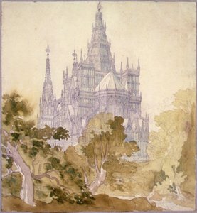 Eine bewaldete Landschaft mit einer gotischen Kirche von Karl Friedrich Schinkel