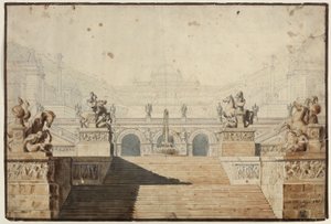 Armida. Oper von Christoph Willibald Gluck. Entwurf zur 1. Dekoration. Palast mit Treppenanlage von Karl Friedrich Schinkel