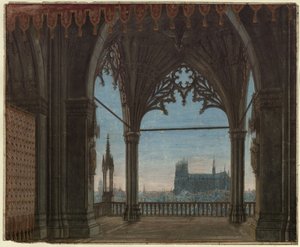 Die Jungfrau von Orleans. Trauerspiel von Friedrich Schiller. Entwurf zur 8. Dekoration. Gotische Halle mit Blick auf Reims von Karl Friedrich Schinkel