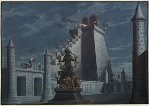 Fernand Cortez, oder: Die Eroberung Mexikos. Oper von Gaspare Spontini. Entwurf zur 1. Dekoration. Indianischer Feuertempel von Karl Friedrich Schinkel