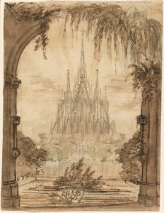 Gotische Kathedrale hinter einem Teich mit Schwänen