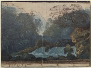 Undine. Oper von E. T. A. Hoffmann. Entwurf der 2. Dekoration. Wald mit Wasserfall