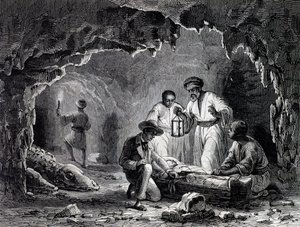 Archäologische Entdeckungen in den Höhlen von Samoun, Gravur nach einer Zeichnung von Karl Girardet (1813-1871)