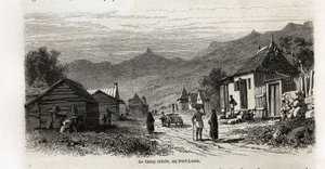 Das kreolische Lager in Port Louis, Zeichnung von Karl Girardet (1813-1871), zur Illustration des Aufenthalts von Alfred Verney auf Mauritius im Jahr 1861. Gravur in „Le tour du monde“, herausgegeben von Edouard Charton