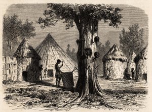 Der Baum des Krieges, in einem Dorf Djour, Region Bahr-el-Gazal, Sudan, Zeichnung von Karl Girardet (1813-1871) zur Illustration der Reise zum Fluss der Gazellen von A. Bolognesi, in 1856-1857. Gravur in „Le tour du monde“, herausgegeben von Edouard Charto von Karl Girardet