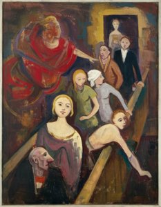 Auf der Treppe mit Engel von Karl Hofer