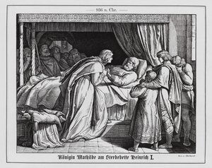 Königin Mathilde am Sterbebett von König Heinrich I. von Ostfranken, 936 (Gravur)