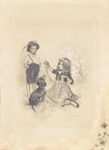 Zwei Kinder auf Wiese mit Blumen und Dackel spielend von Karl Ludwig Prinz