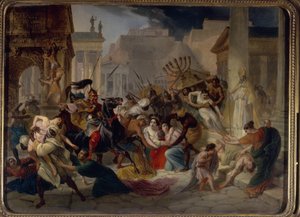 Plünderung Roms im Jahr 455: Genseric (oder Geiseric) (um 399-477) und die Vandalen erobern Rom. Sie plündern die Stadt und nehmen die Menora mit. Gemälde von Karl Pavlovich Briullov (Brioullov) (1799-1852)