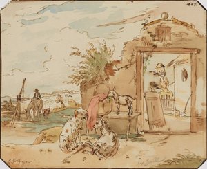 Ländliche Idylle, Bauernhaus mit Ziegen, Hund, Pferd an Ziehbrunnen