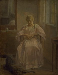 Ein junges Mädchen, Sophie Lofthus, mit einem Hund von Karl Schou