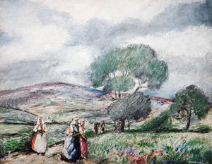 Stürmische Landschaft mit blauen und roten Figuren, 1940