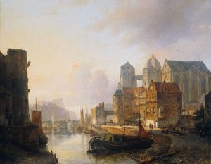 Imaginäre Ansicht einer Flussstadt mit dem Aachener Dom von Kaspar Karsen