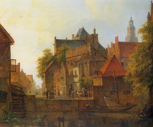 Ansicht einer Stadt mit einem Schmied, der an einem Kai arbeitet von Kaspar Karsen