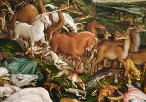 Noah, seine Familie und alle Tiere verlassen die Arche