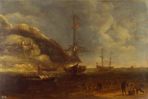 Küstenansicht mit Schiffen und Fischern im Vordergrund von Kasper van Eyck