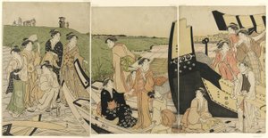 Vergnügungsboote an einer Anlegestelle von Katsukawa Shuncho