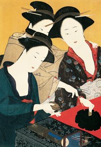 Drei Frauen um einen Tintenbrunnen von Katsukawa Shuncho