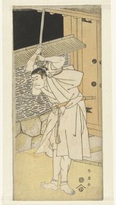 Schauspieler Otani Oniji mit erhobenem Schwert, stehend bei einem Tor; bei Nacht