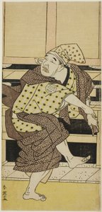 Schauspieler Asao Tamejûrô I als betrunkener Gotôbei beim Sambasô-Tanz in „Yoshitsunes Koshigoe-Petition“ von Katsukawa Shun